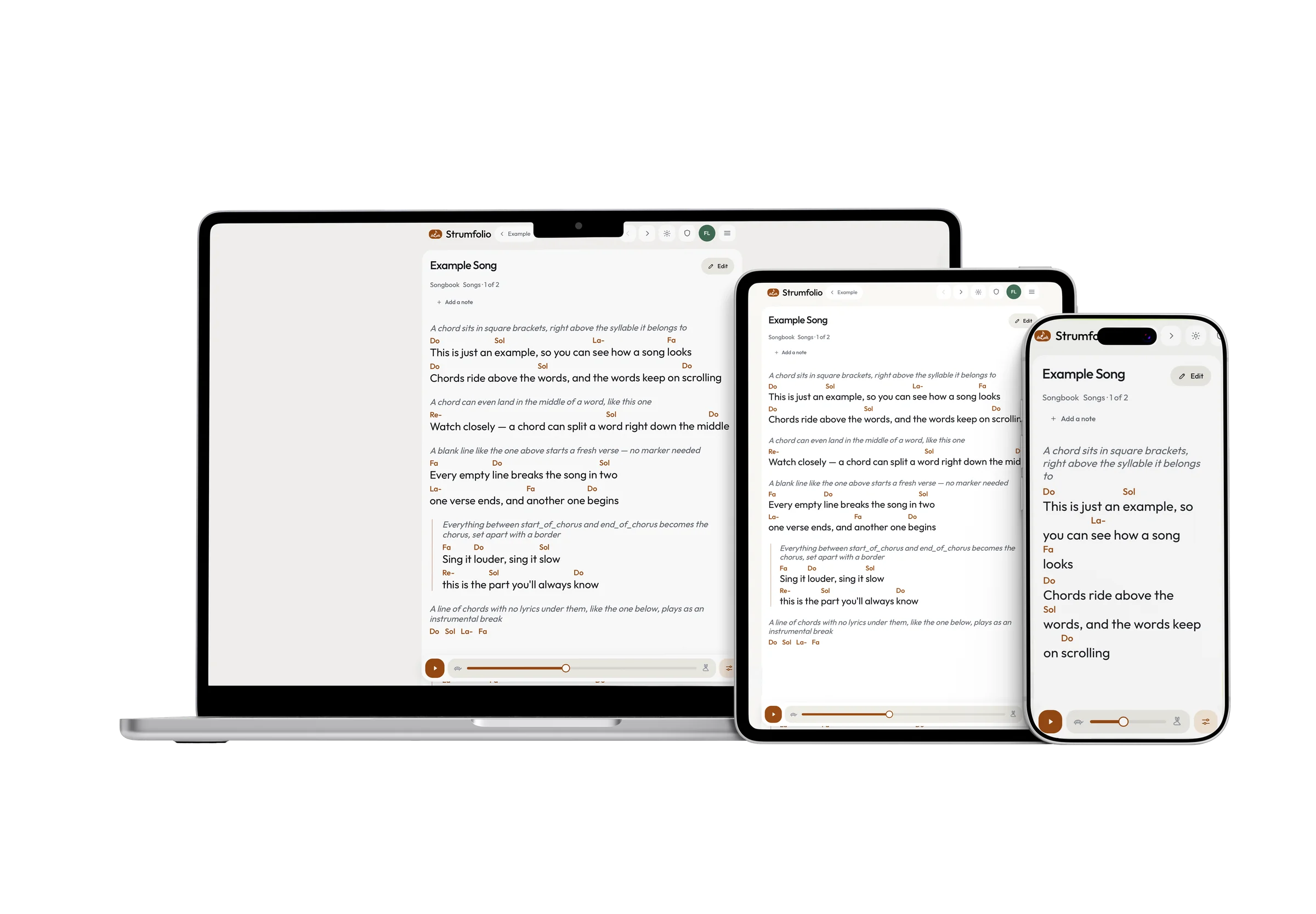 Strumfolio open on a laptop, tablet and phone